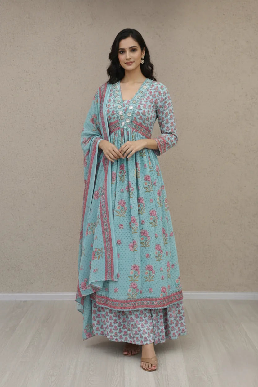 Traditional Printed Anarkali Set with Elaborate Bordered Dupatta