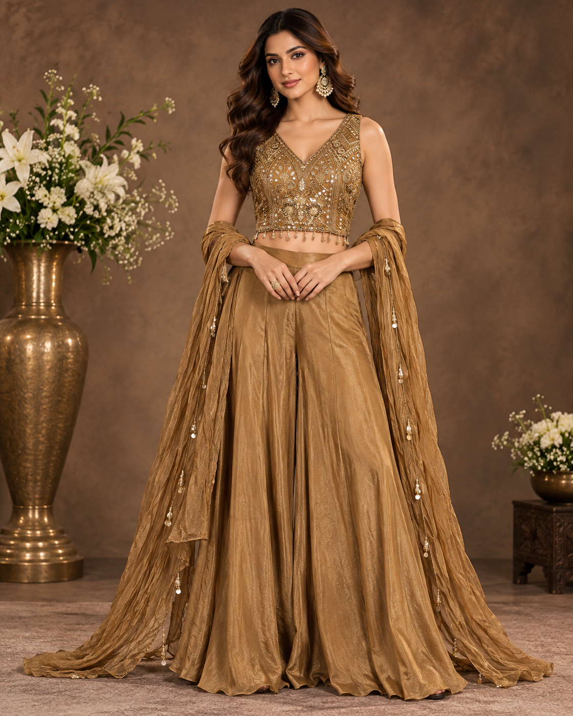 Elegant Bronze Gold Embellished Palazzo Suit Set