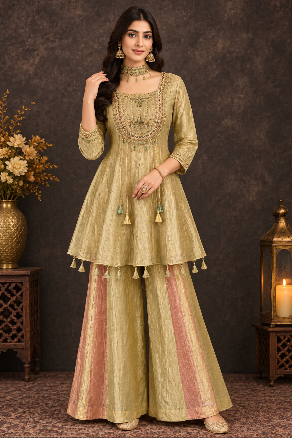 Elegant Gold Embroidered Kurti Palazzo Set with Pink Panels