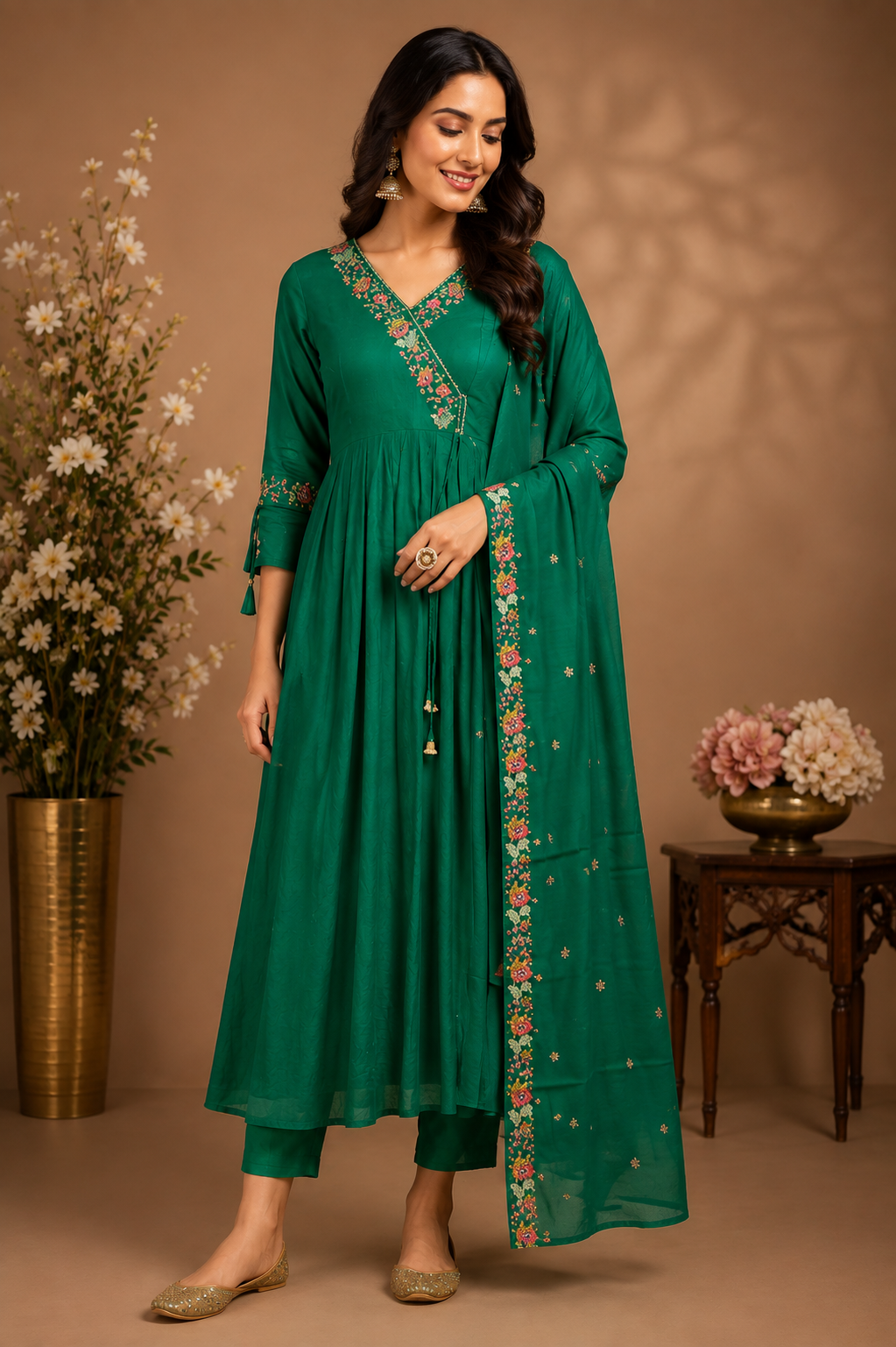 Emerald Green Embroidered Anarkali Suit Set with Dupatta