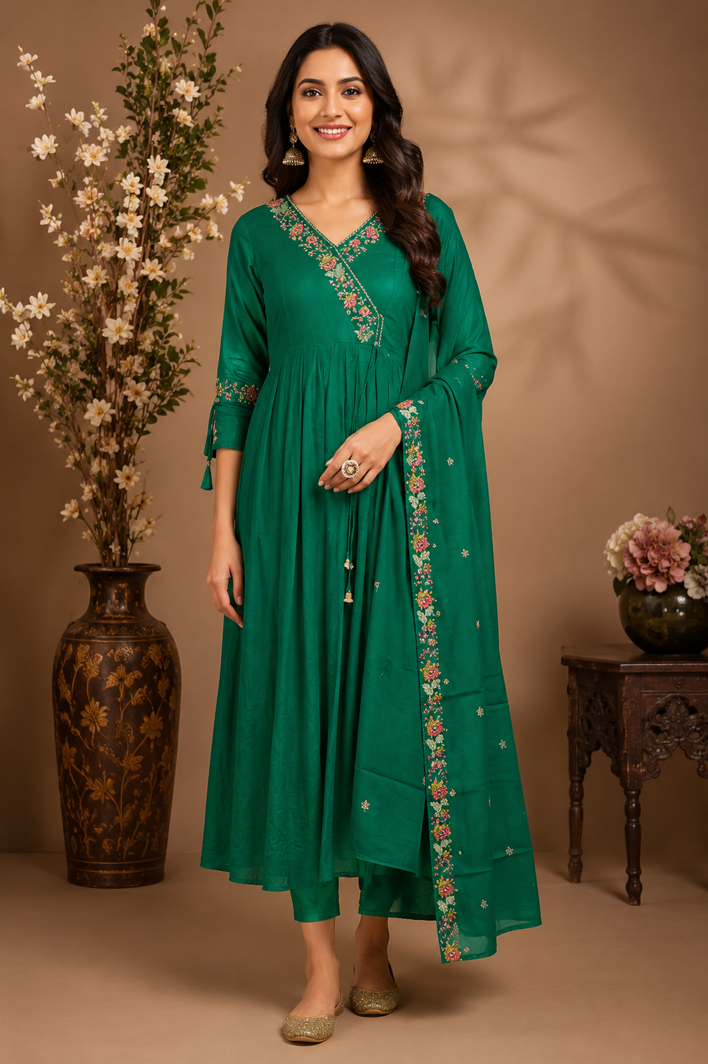 Emerald Green Embroidered Anarkali Suit Set with Dupatta