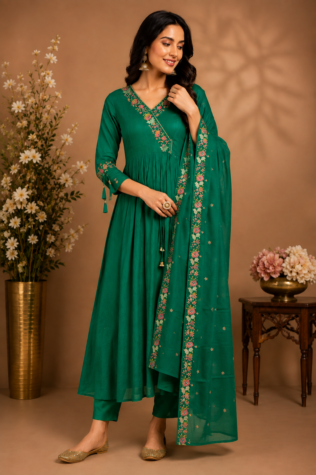 Emerald Green Embroidered Anarkali Suit Set with Dupatta