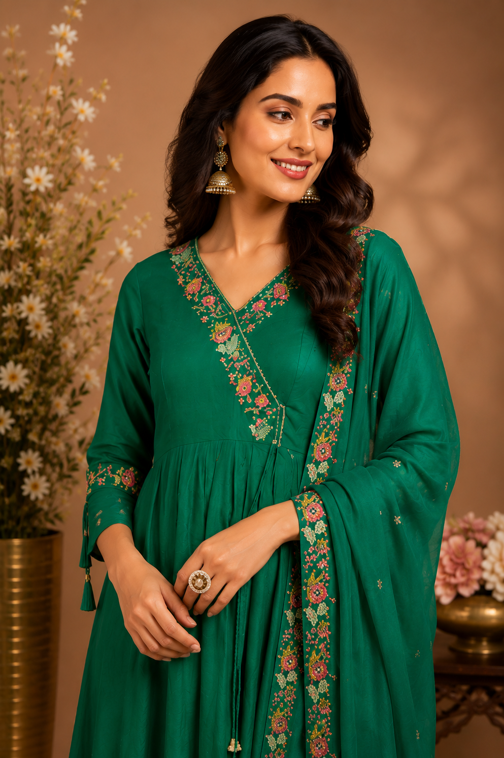 Emerald Green Embroidered Anarkali Suit Set with Dupatta