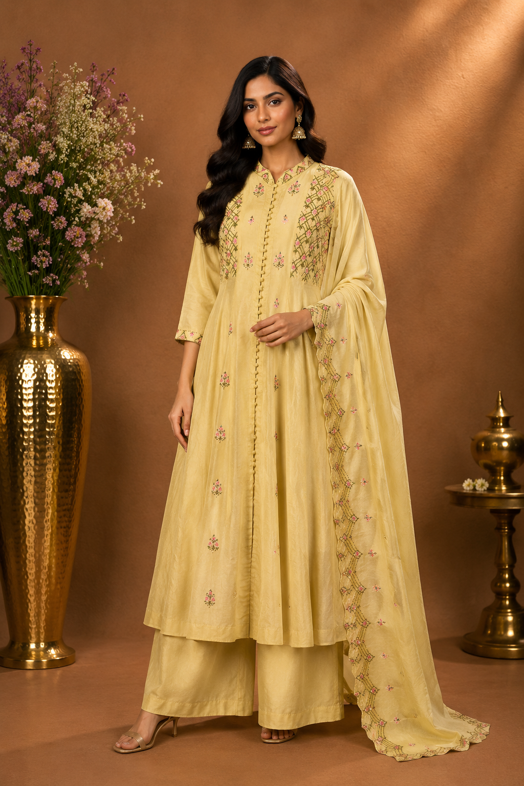 Pastel Yellow Embroidered Kurta Palazzo Set with Dupatta