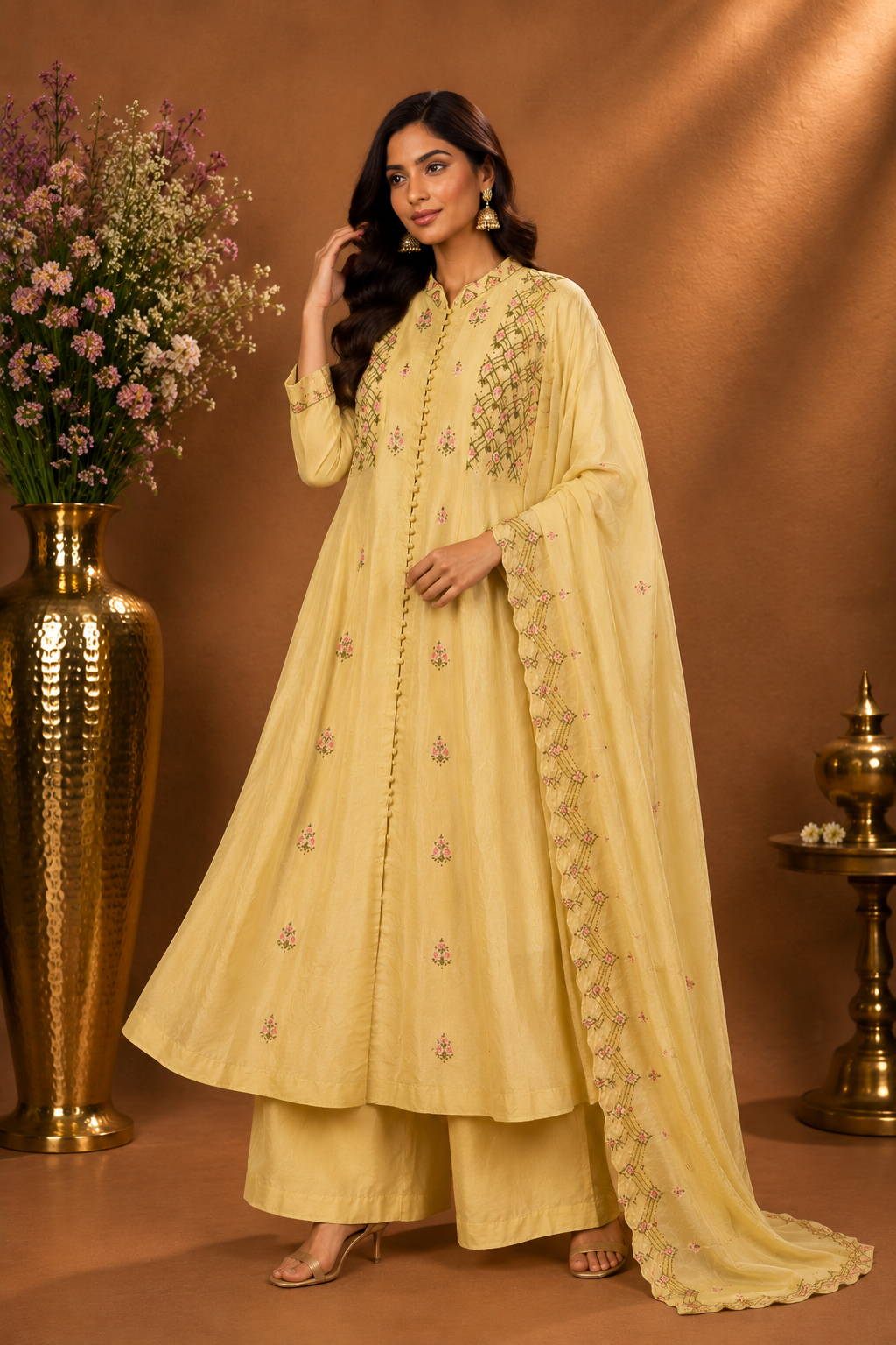 Pastel Yellow Embroidered Kurta Palazzo Set with Dupatta