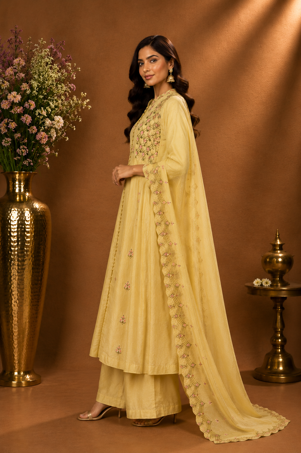 Pastel Yellow Embroidered Kurta Palazzo Set with Dupatta