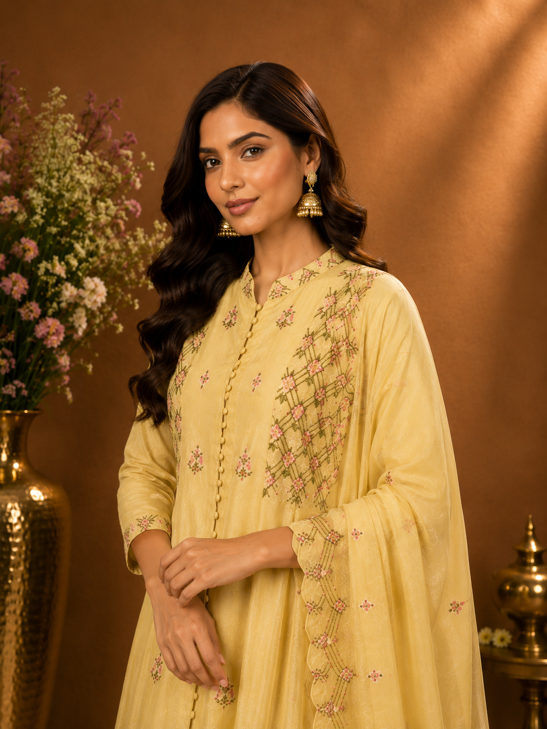 Pastel Yellow Embroidered Kurta Palazzo Set with Dupatta