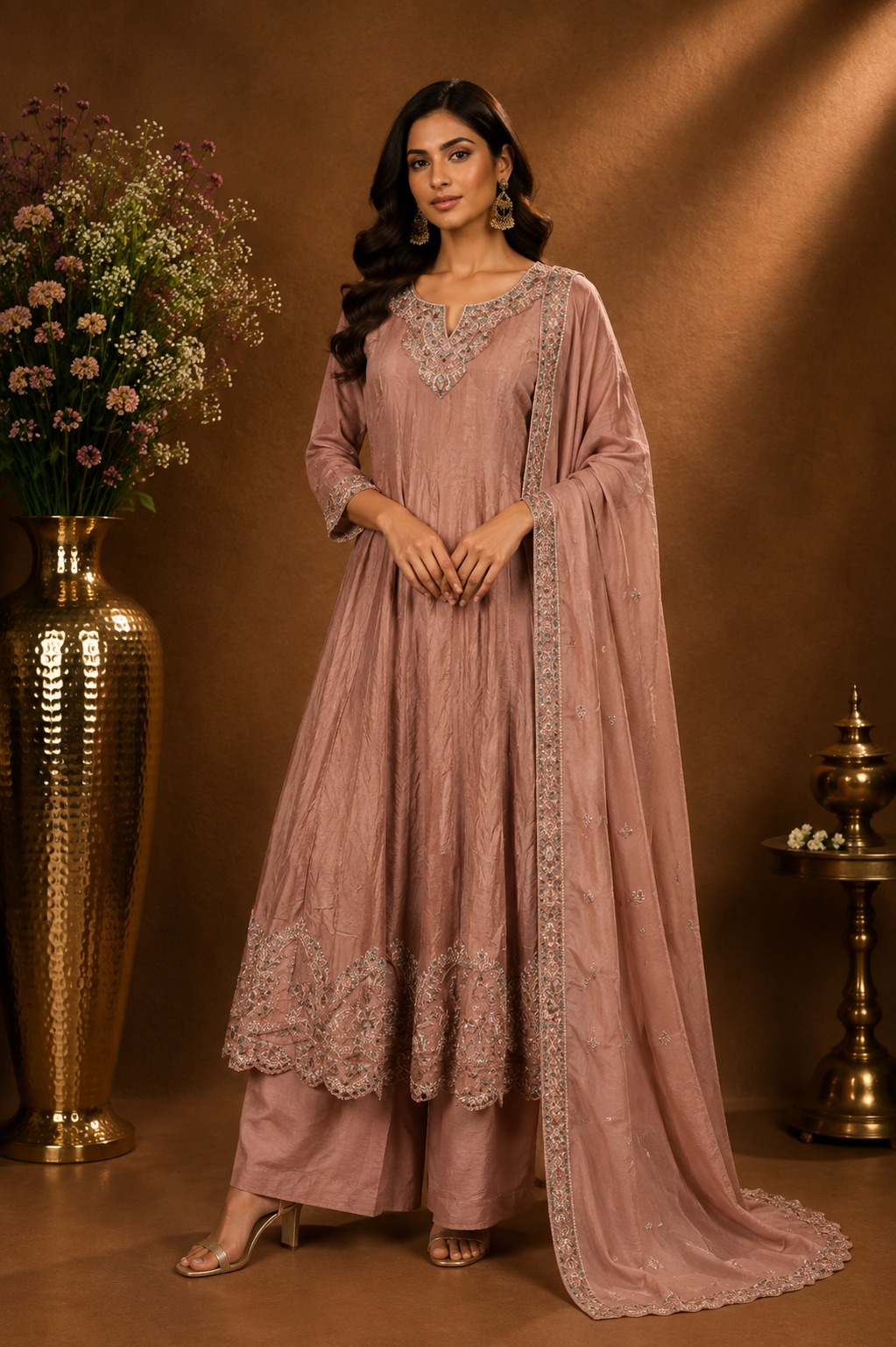 Blush Pink Embroidered Kurta Palazzo Set with Dupatta
