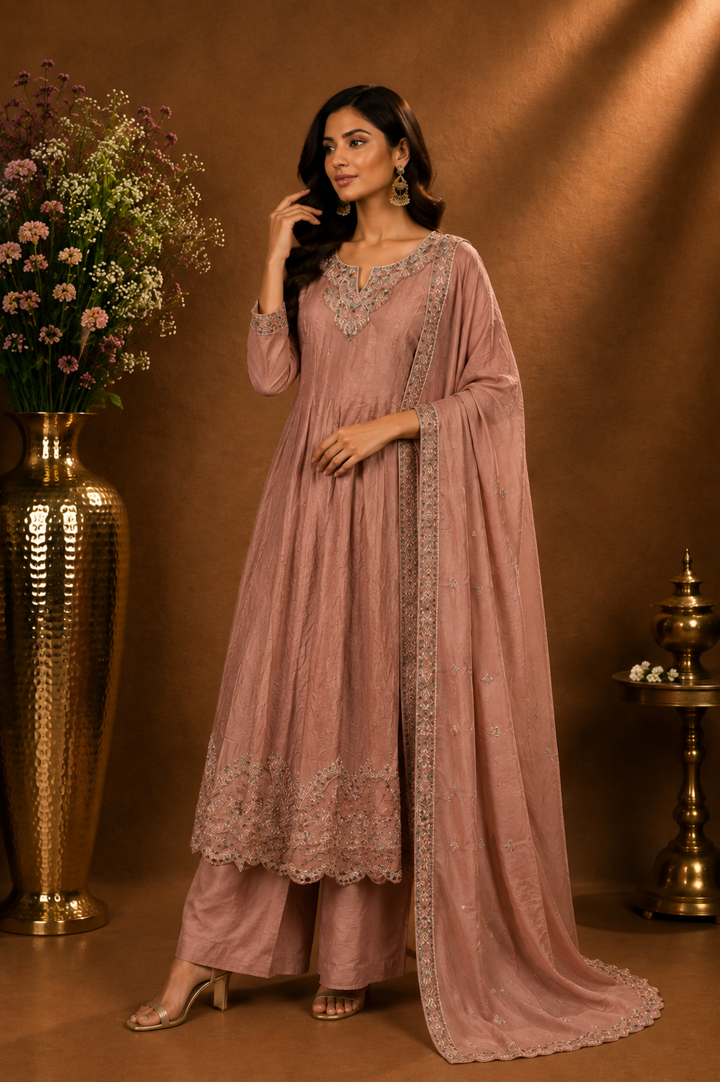 Blush Pink Embroidered Kurta Palazzo Set with Dupatta