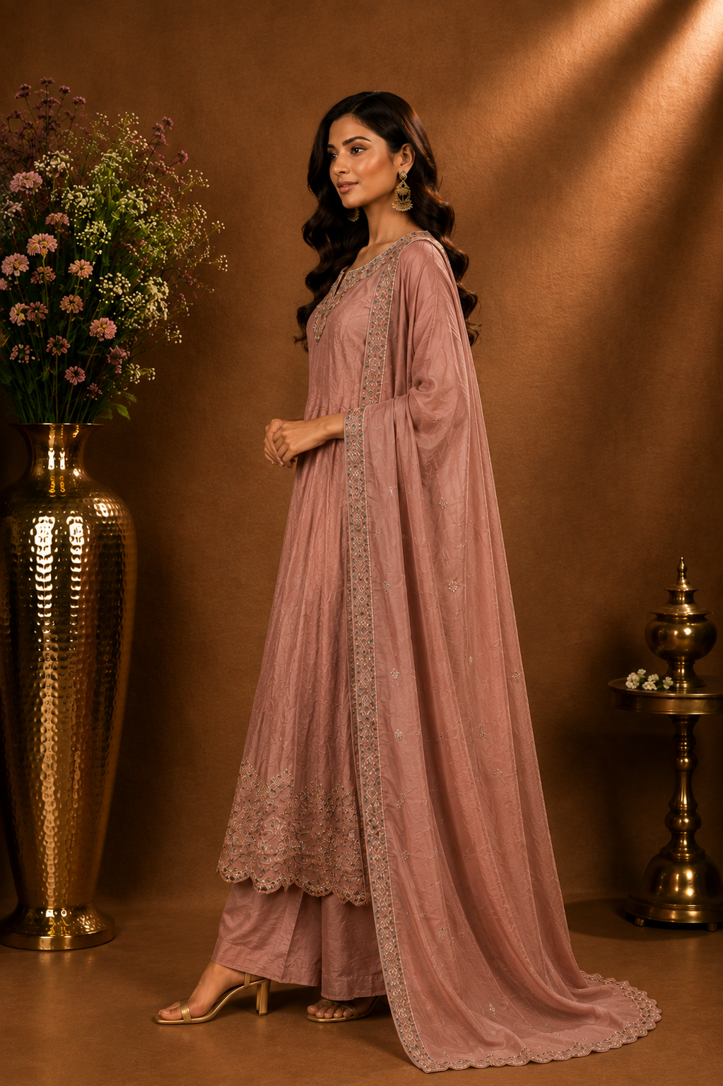 Blush Pink Embroidered Kurta Palazzo Set with Dupatta