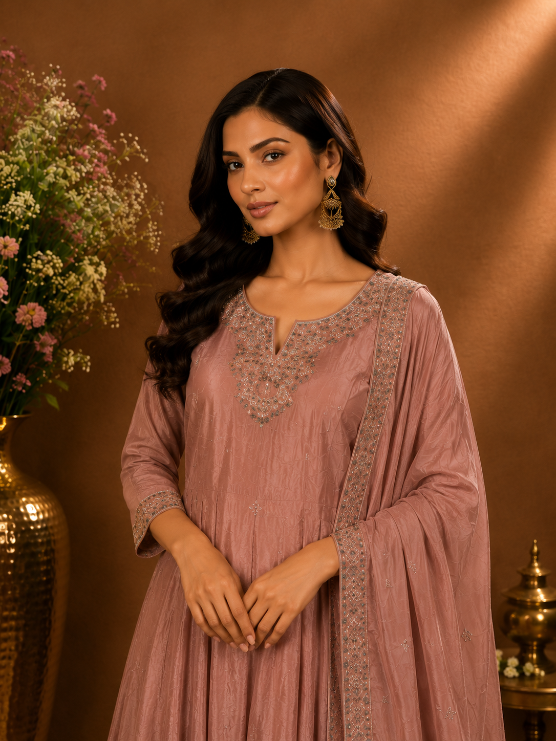 Blush Pink Embroidered Kurta Palazzo Set with Dupatta