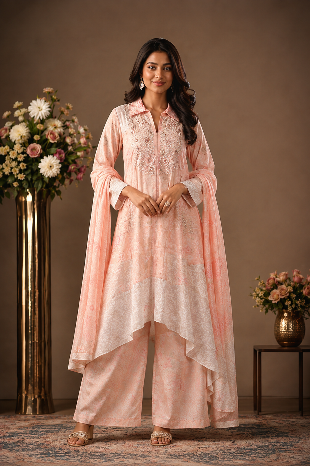 Peach Embroidered Kurta Palazzo Set with Dupatta