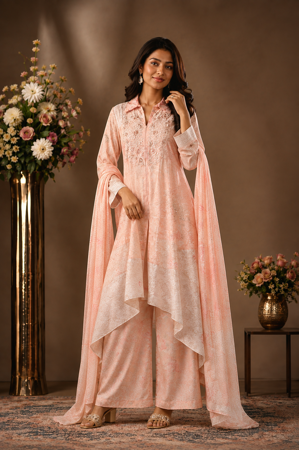 Peach Embroidered Kurta Palazzo Set with Dupatta