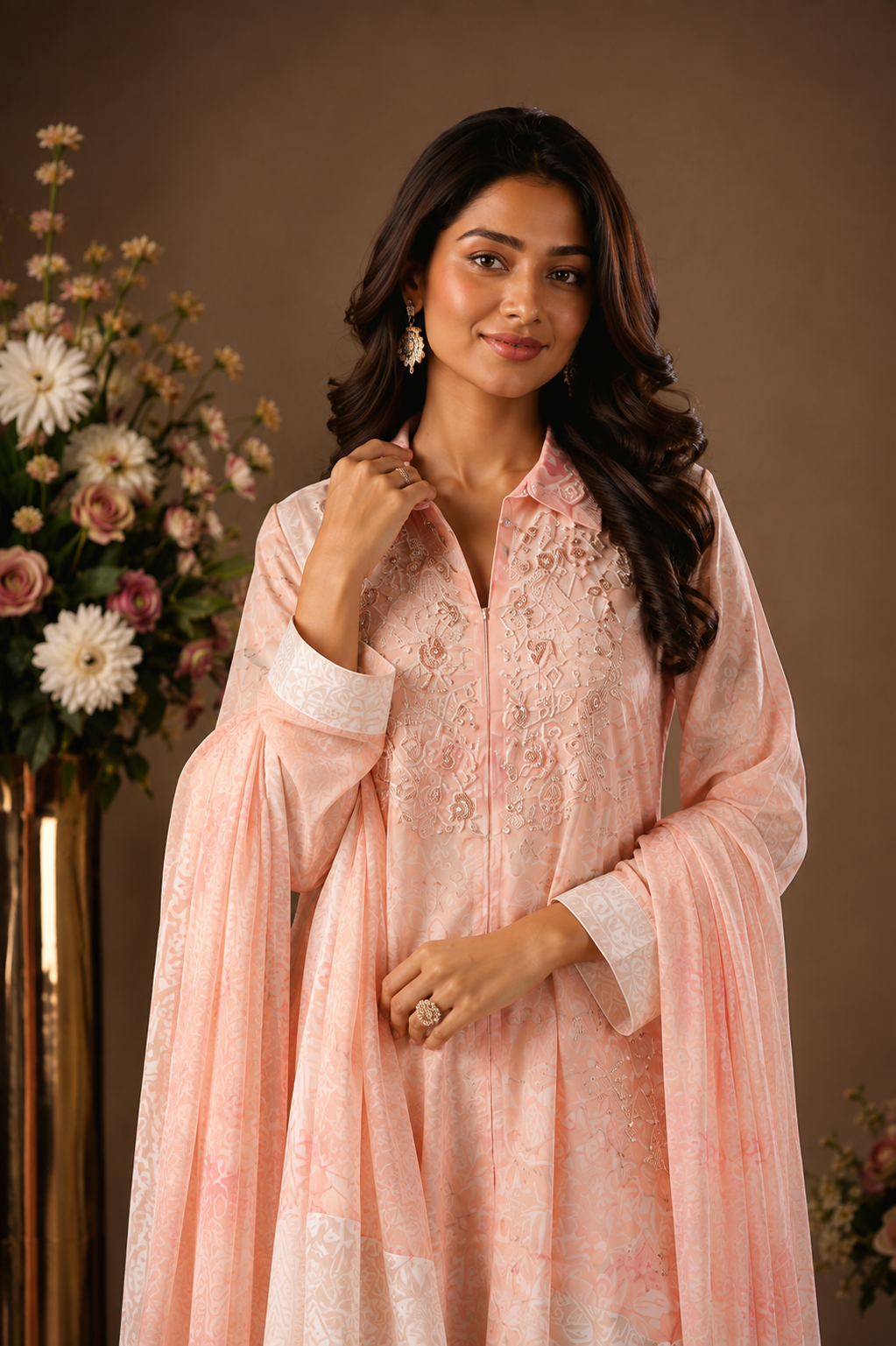 Peach Embroidered Kurta Palazzo Set with Dupatta