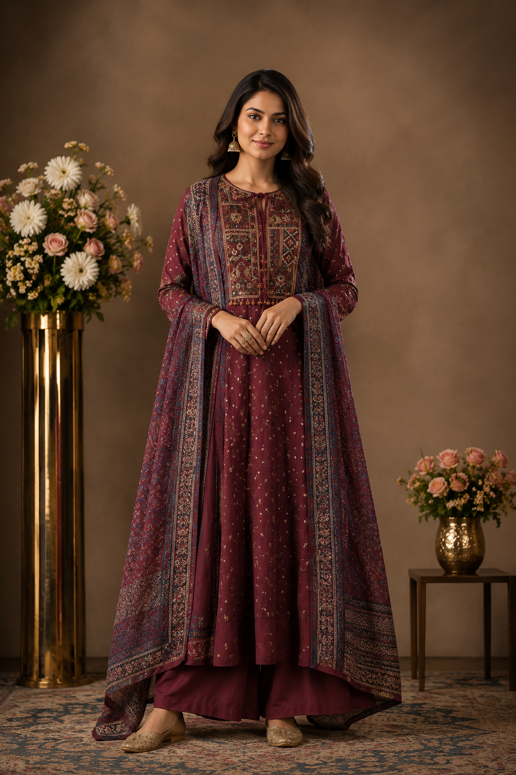 Wine Printed Kurta Palazzo Set with Dupatta