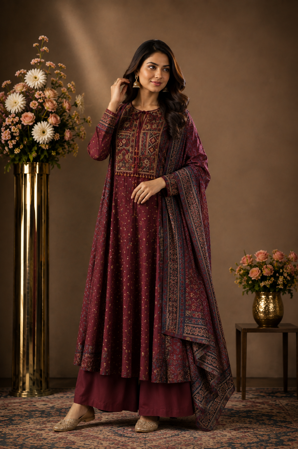 Wine Printed Kurta Palazzo Set with Dupatta