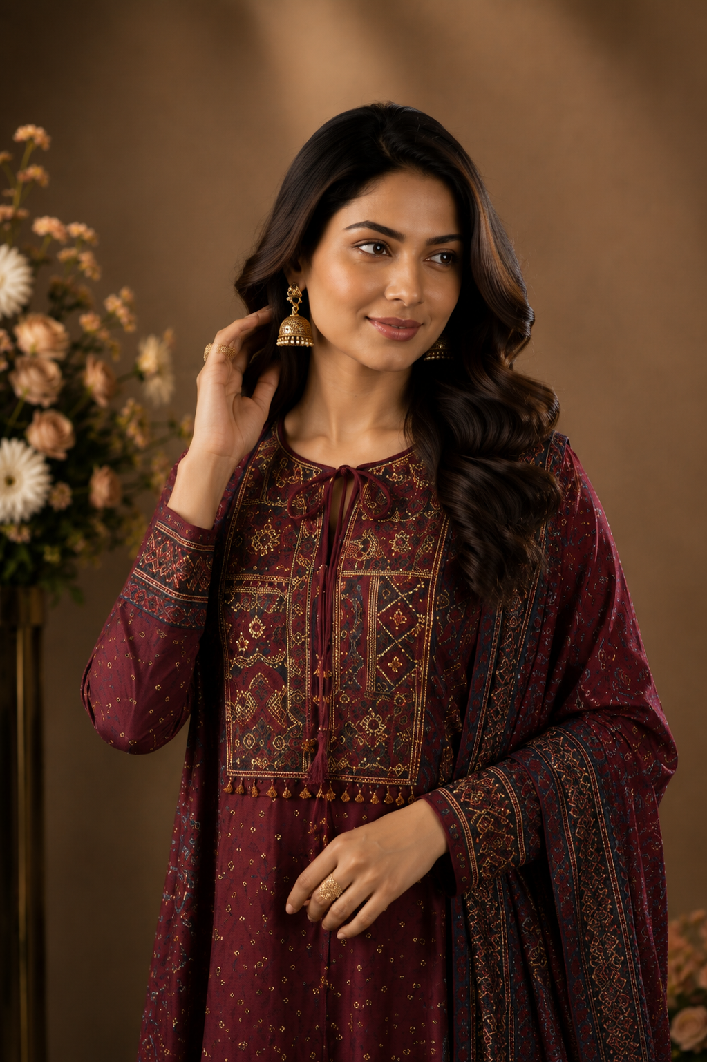 Wine Printed Kurta Palazzo Set with Dupatta