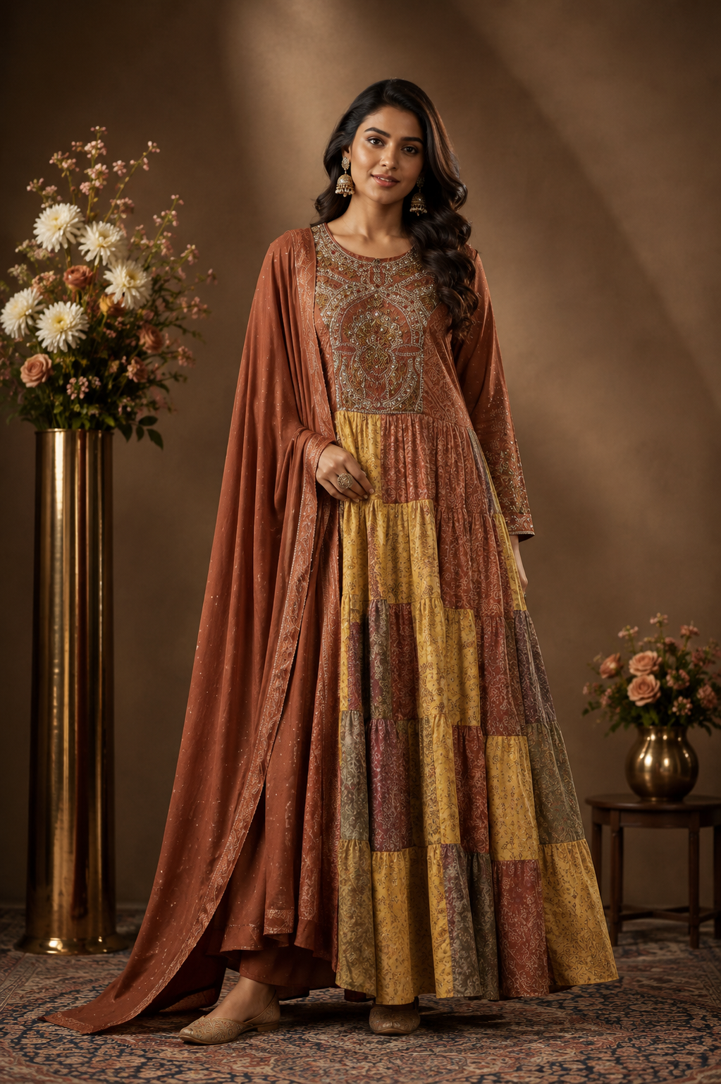 Patchwork Printed Anarkali Suit Set with Dupatta