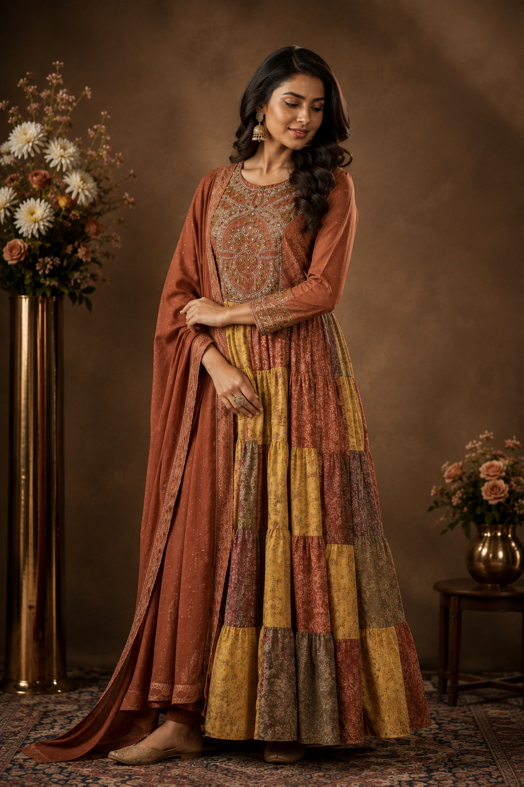 Patchwork Printed Anarkali Suit Set with Dupatta