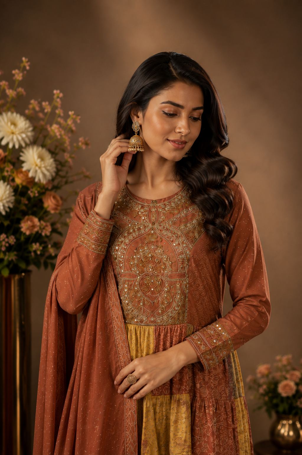 Patchwork Printed Anarkali Suit Set with Dupatta