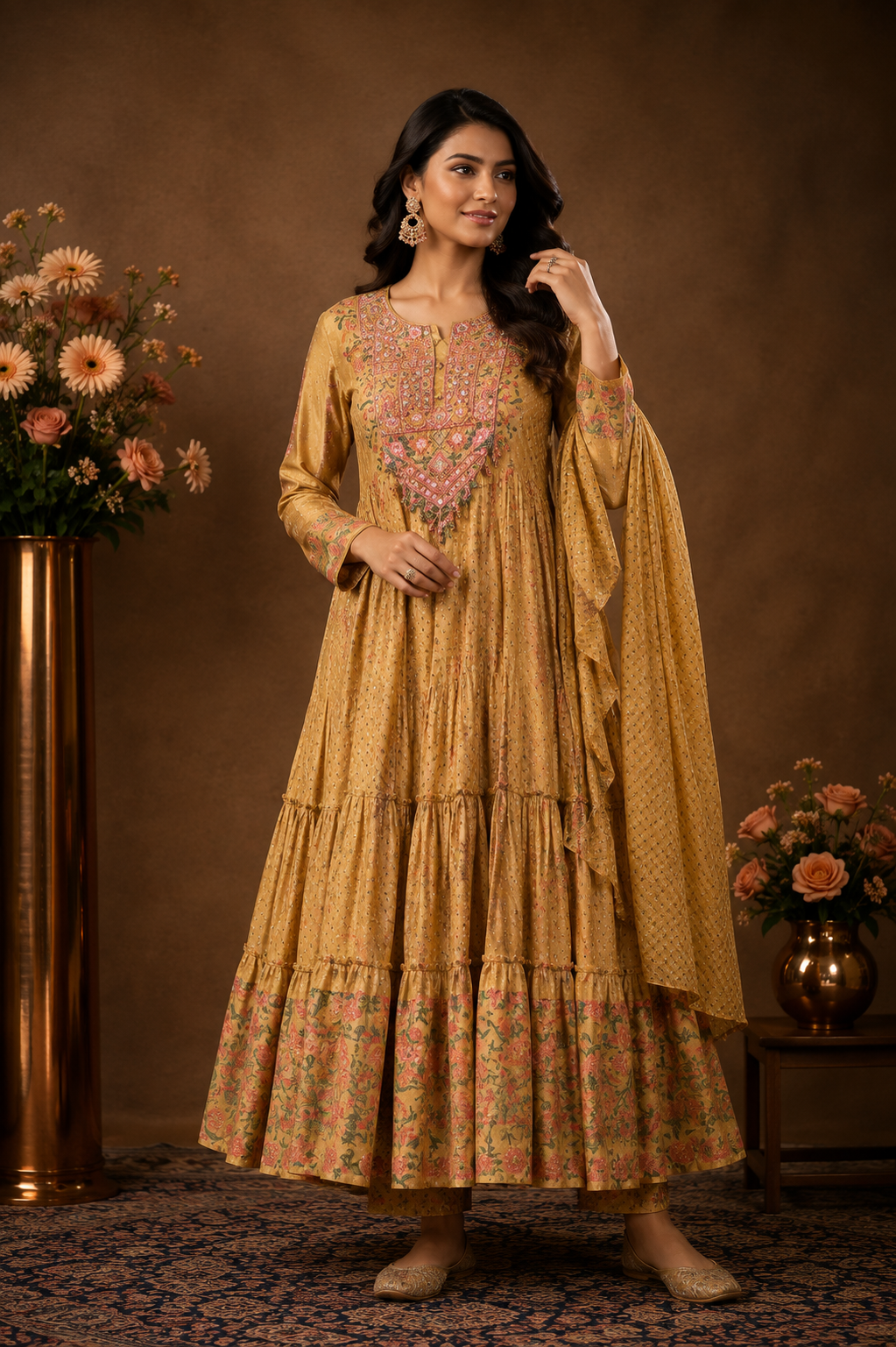 Mustard Tiered Anarkali Suit Set with Dupatta