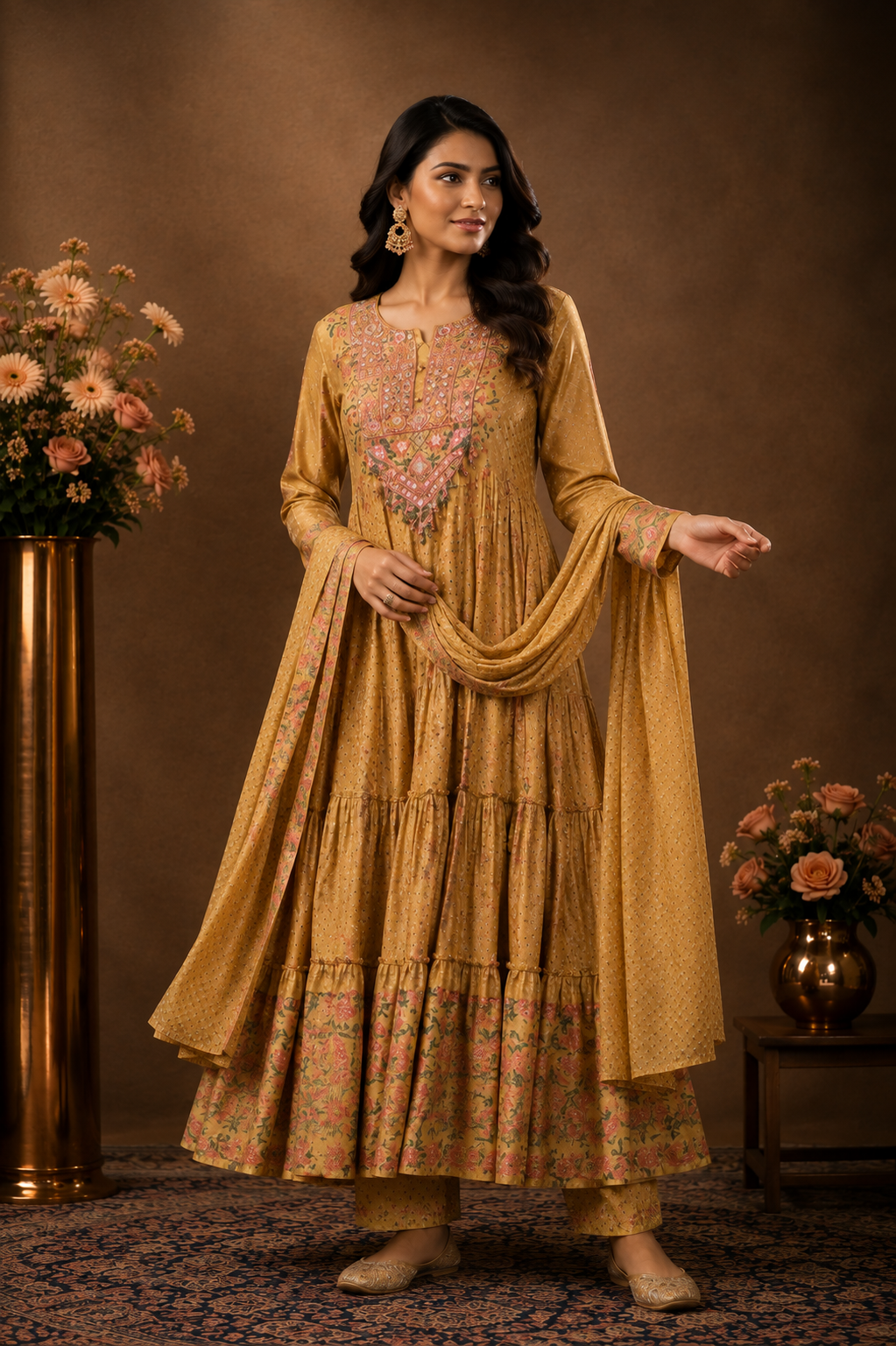 Mustard Tiered Anarkali Suit Set with Dupatta