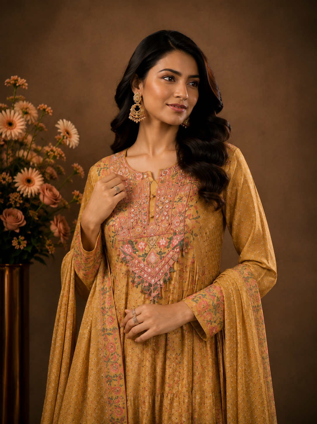 Mustard Tiered Anarkali Suit Set with Dupatta