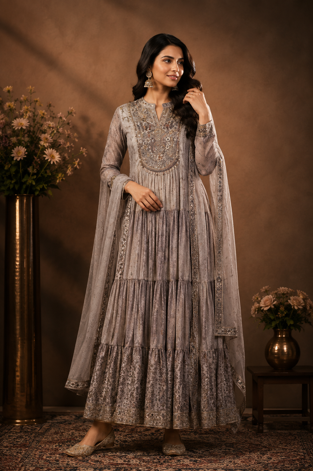 Grey Embroidered Tiered Anarkali Suit Set with Dupatta