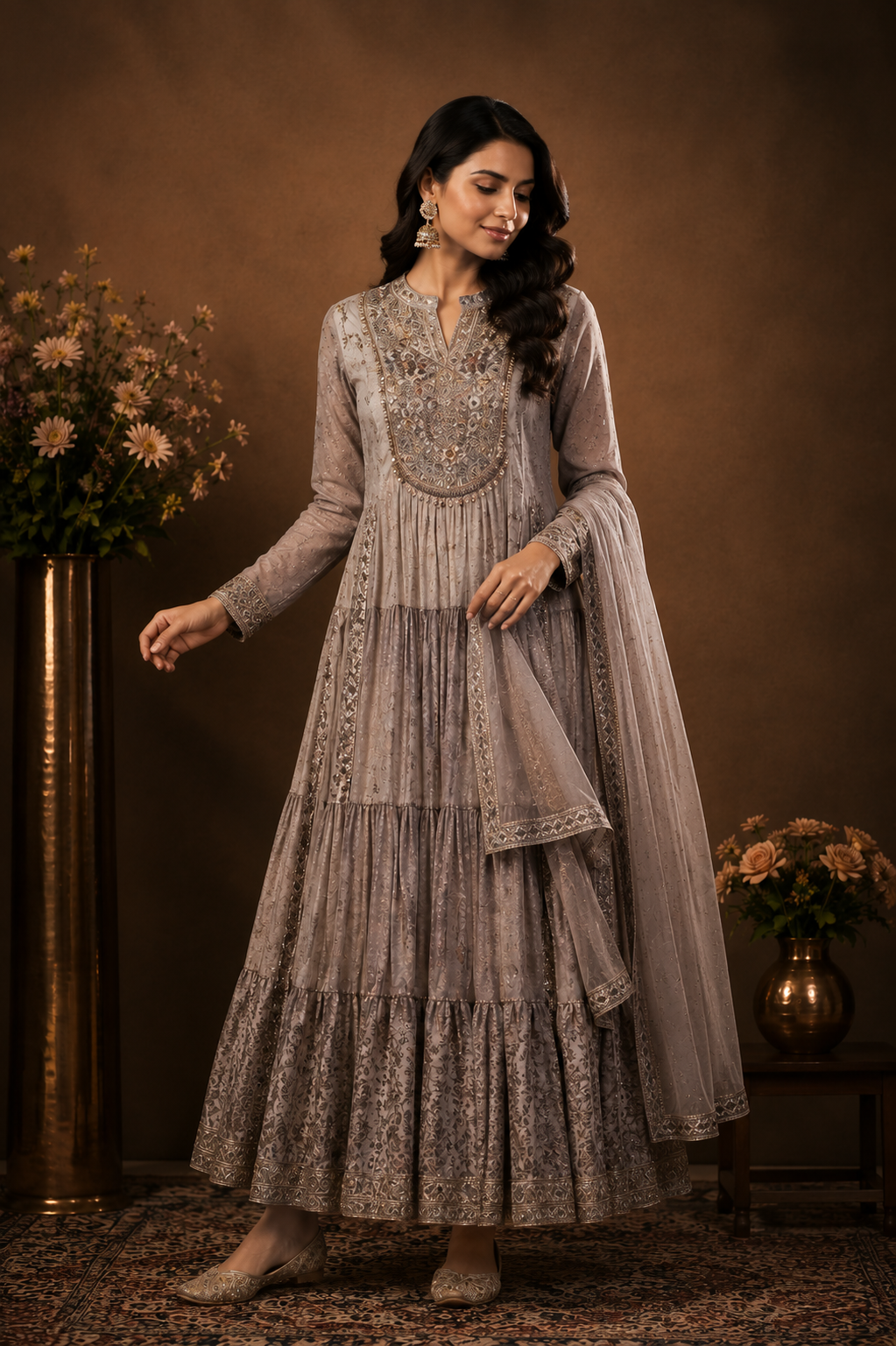 Grey Embroidered Tiered Anarkali Suit Set with Dupatta