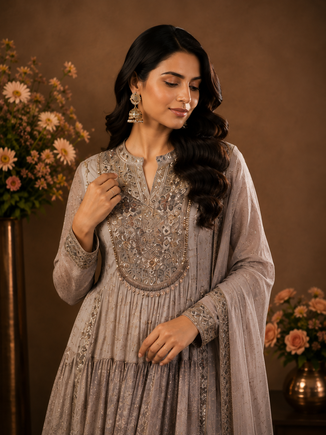 Grey Embroidered Tiered Anarkali Suit Set with Dupatta