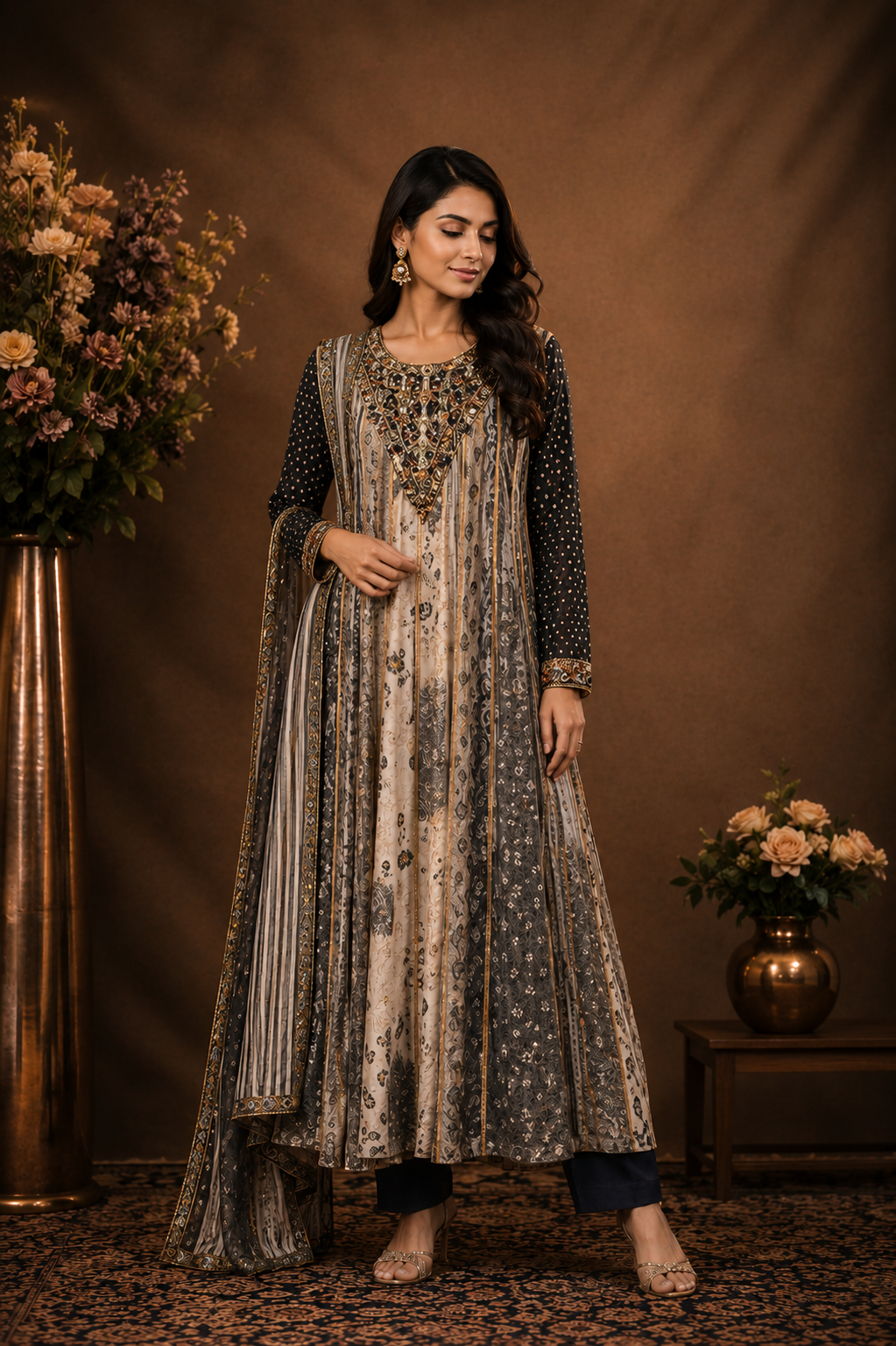 Printed Embroidered Anarkali Suit Set with Dupatta