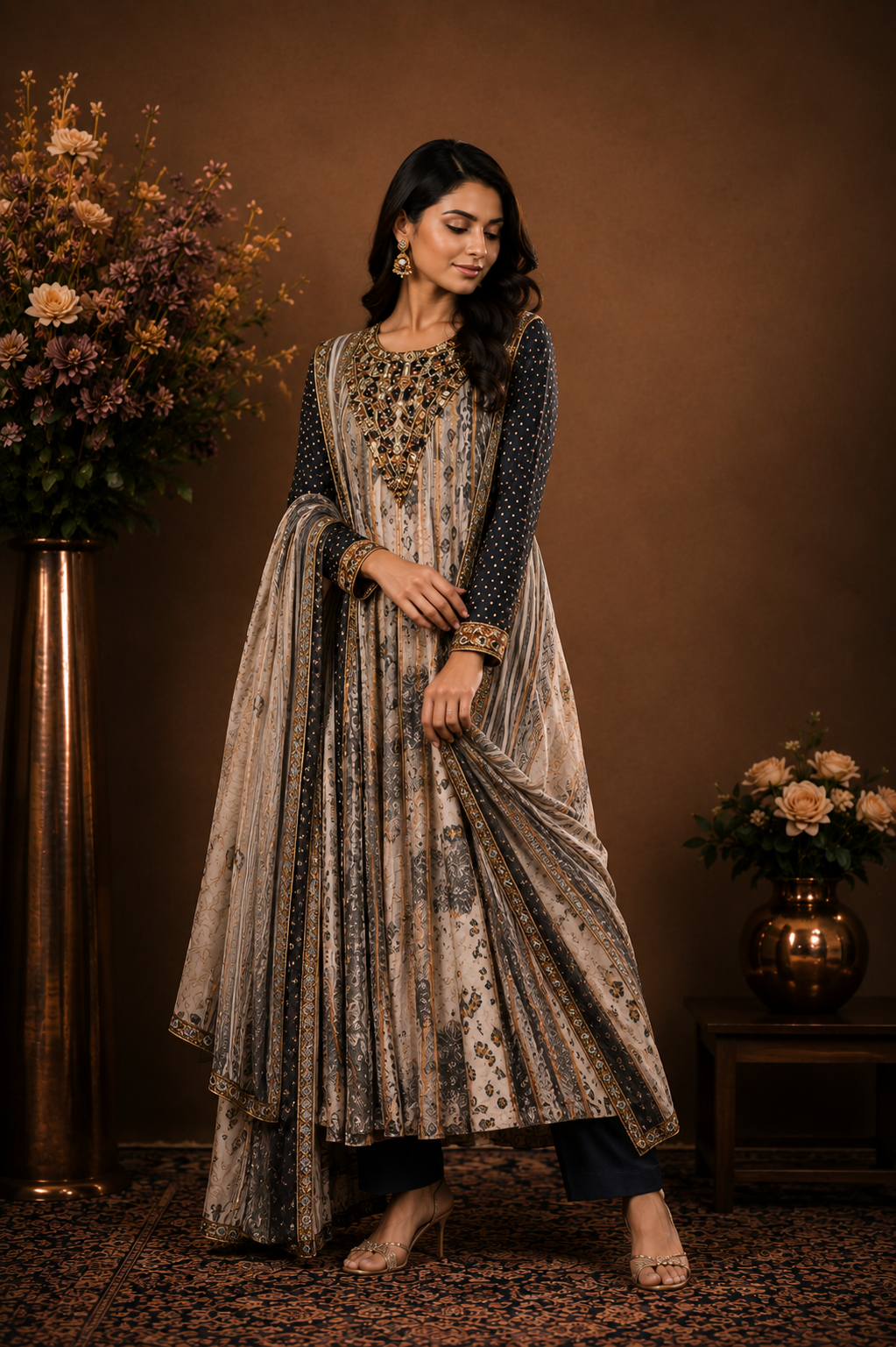 Printed Embroidered Anarkali Suit Set with Dupatta
