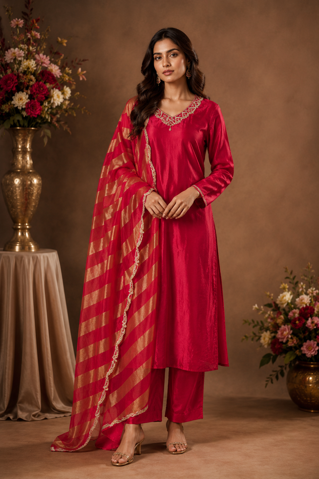 Women's Fuchsia Pink Kurta Pant Set with Striped Dupatta