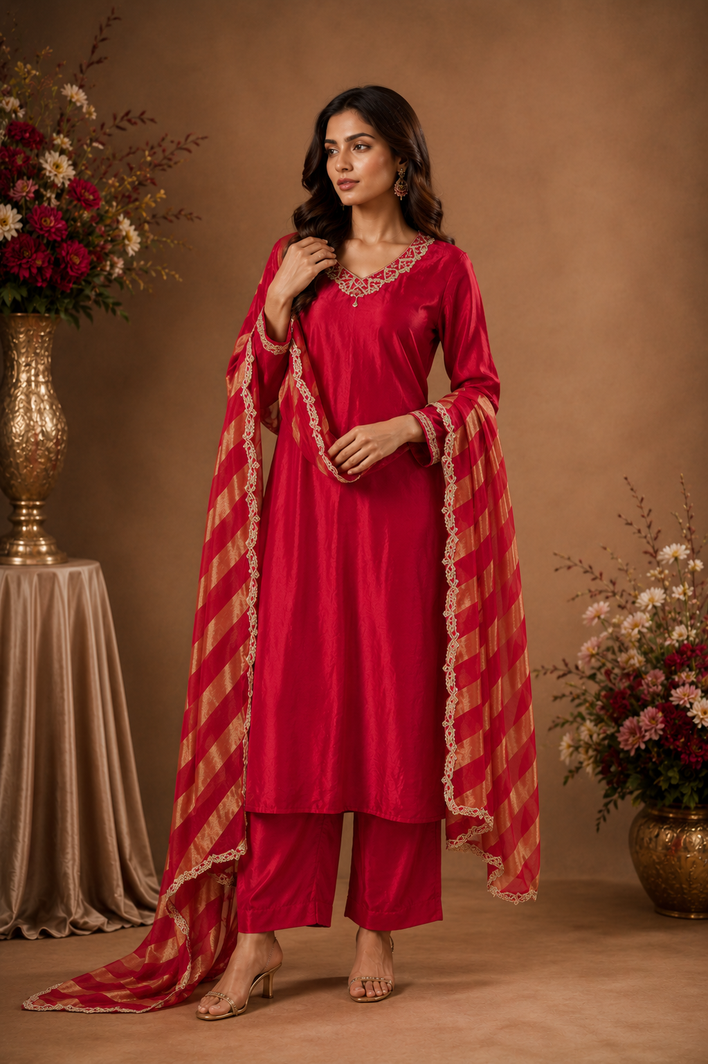 Women's Fuchsia Pink Kurta Pant Set with Striped Dupatta