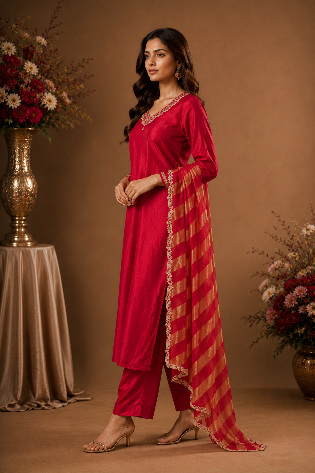 Women's Fuchsia Pink Kurta Pant Set with Striped Dupatta