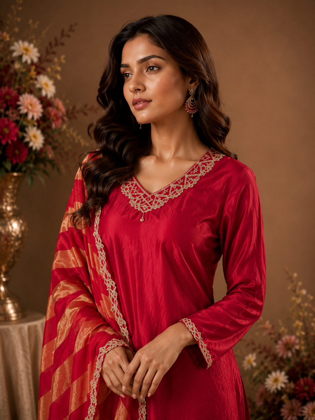 Women's Fuchsia Pink Kurta Pant Set with Striped Dupatta