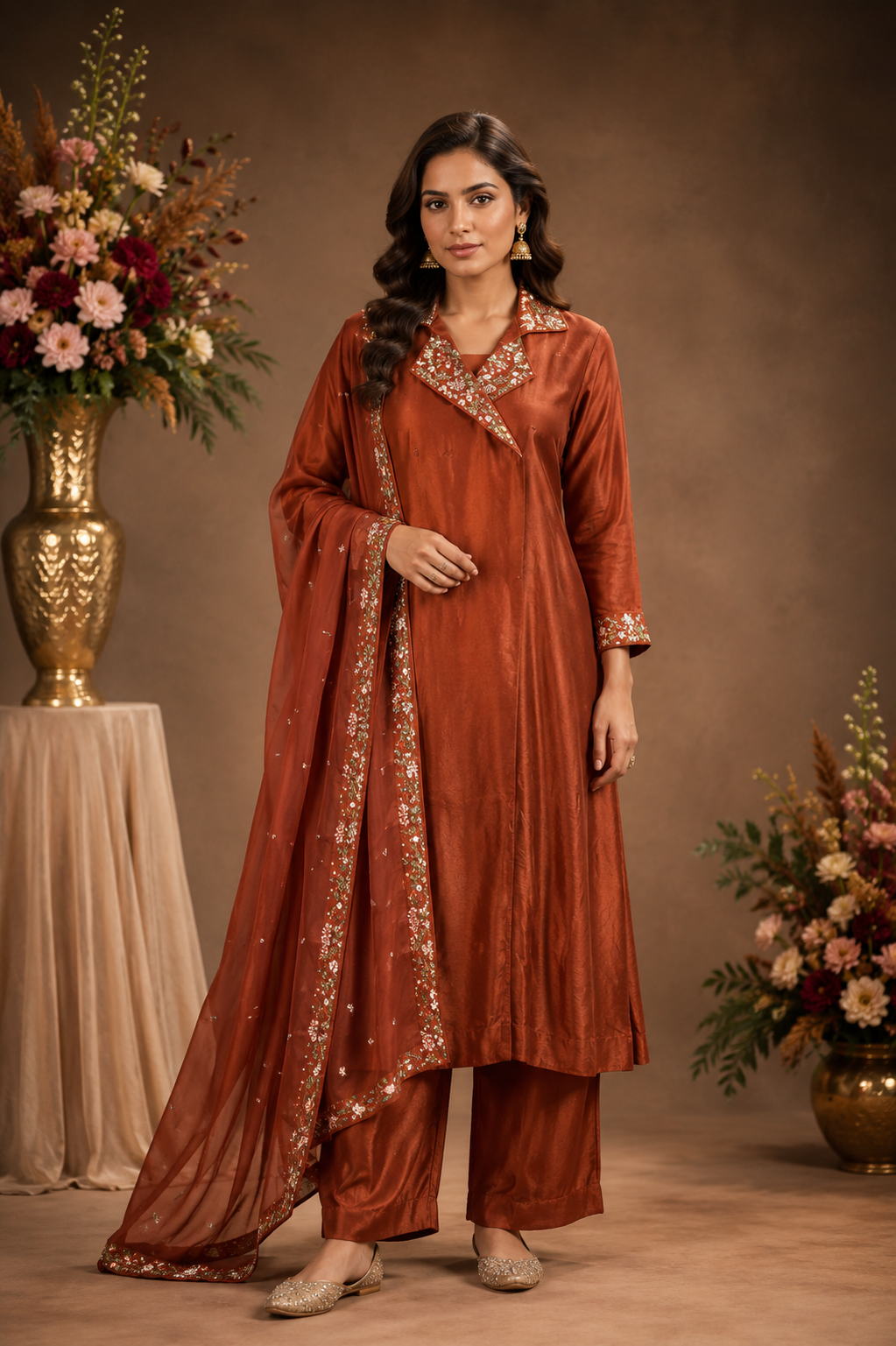 Women's Rust Embroidered Kurta Pant Set with Dupatta