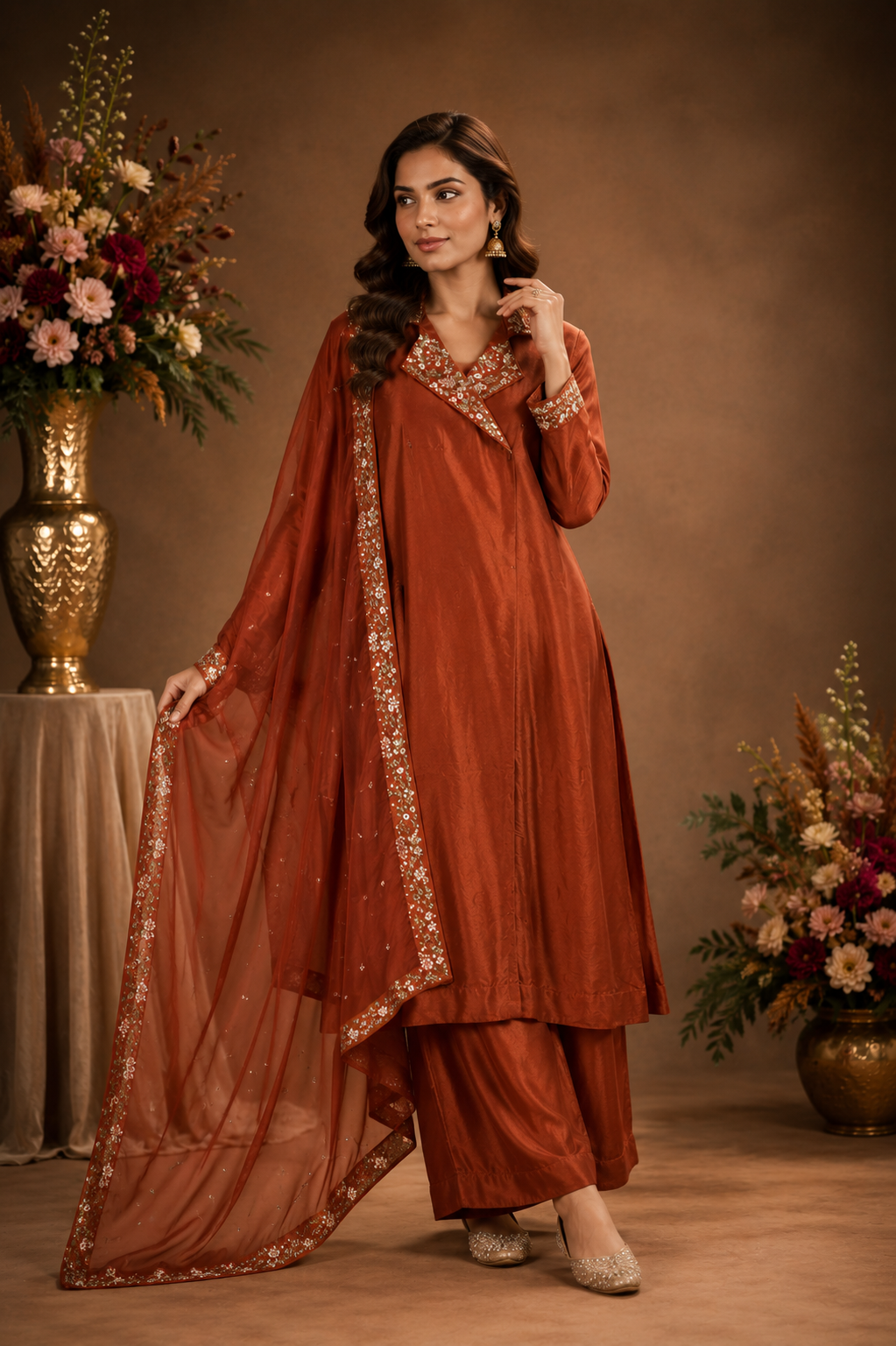 Women's Rust Embroidered Kurta Pant Set with Dupatta