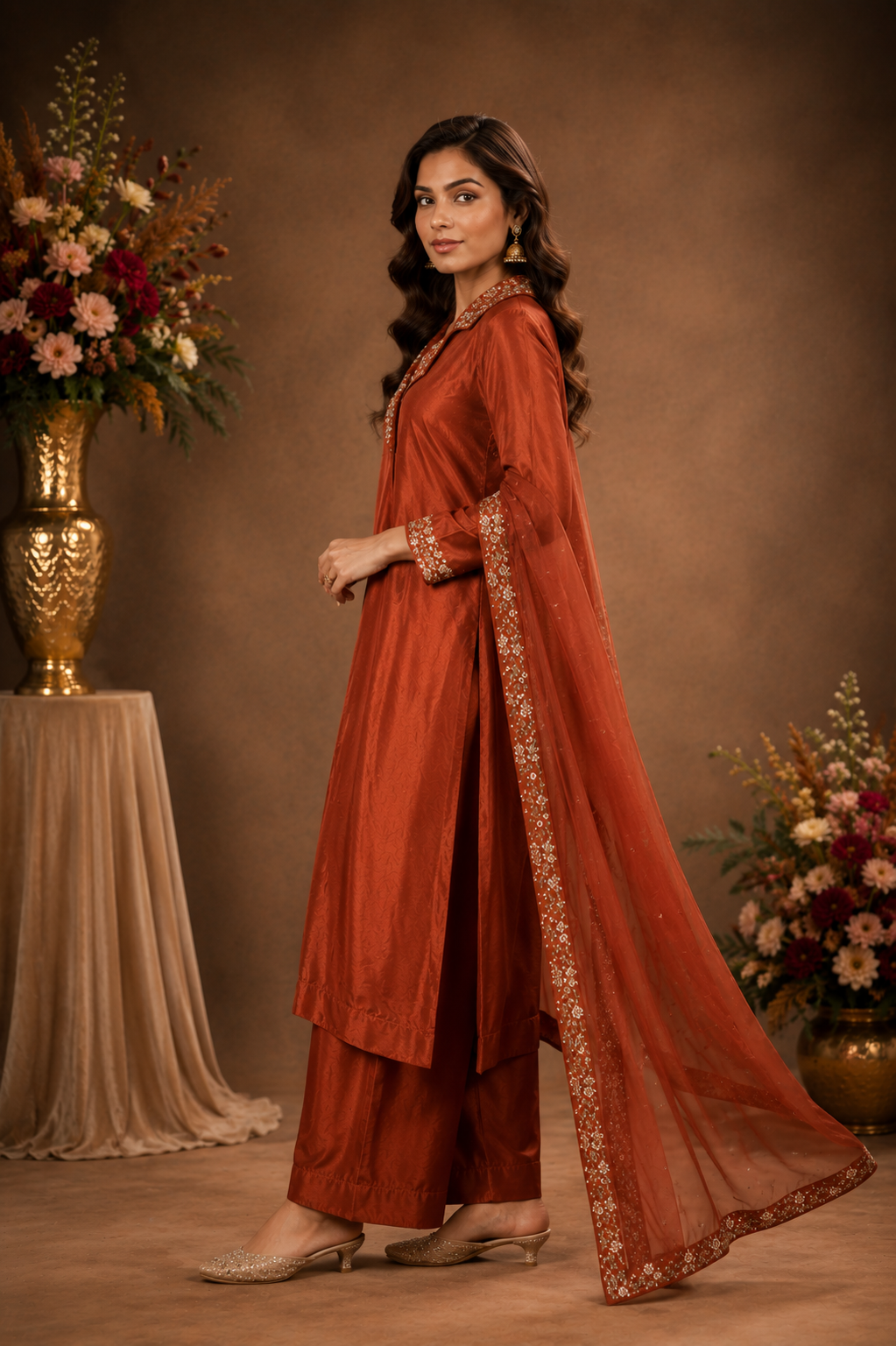 Women's Rust Embroidered Kurta Pant Set with Dupatta