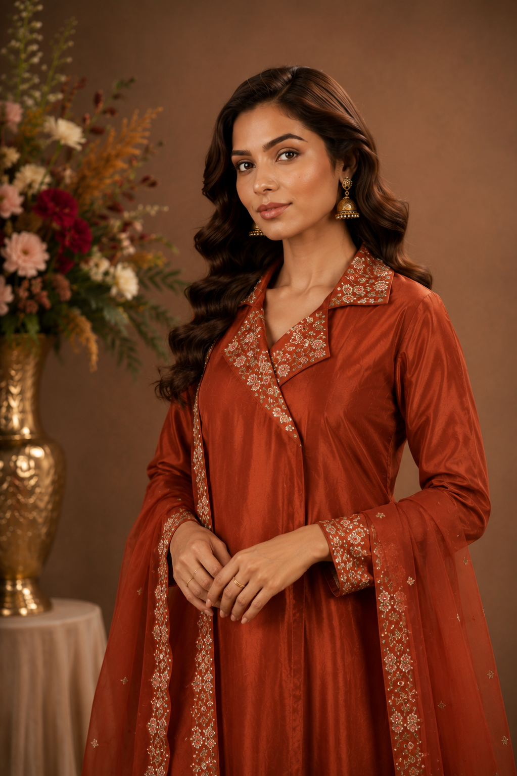 Women's Rust Embroidered Kurta Pant Set with Dupatta