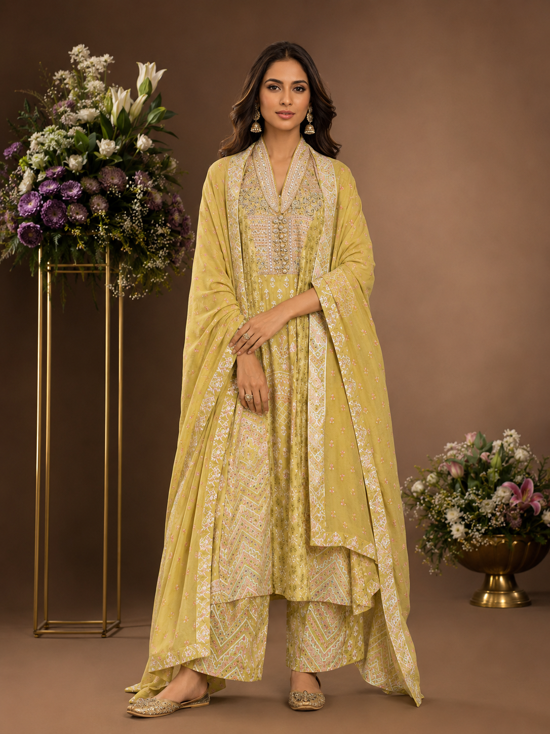 Women's Lime Green Printed Kurta Palazzo Set with Dupatta
