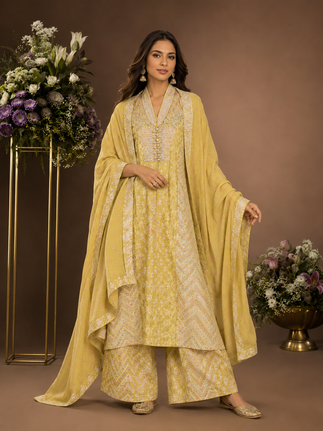 Women's Lime Green Printed Kurta Palazzo Set with Dupatta