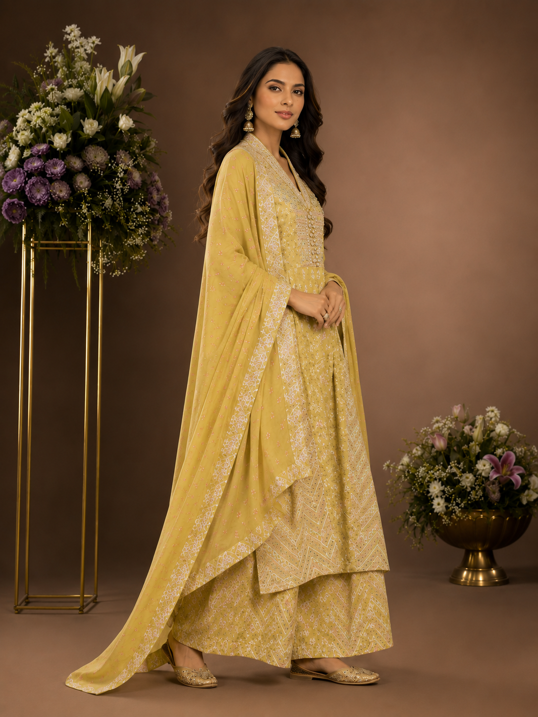 Women's Lime Green Printed Kurta Palazzo Set with Dupatta