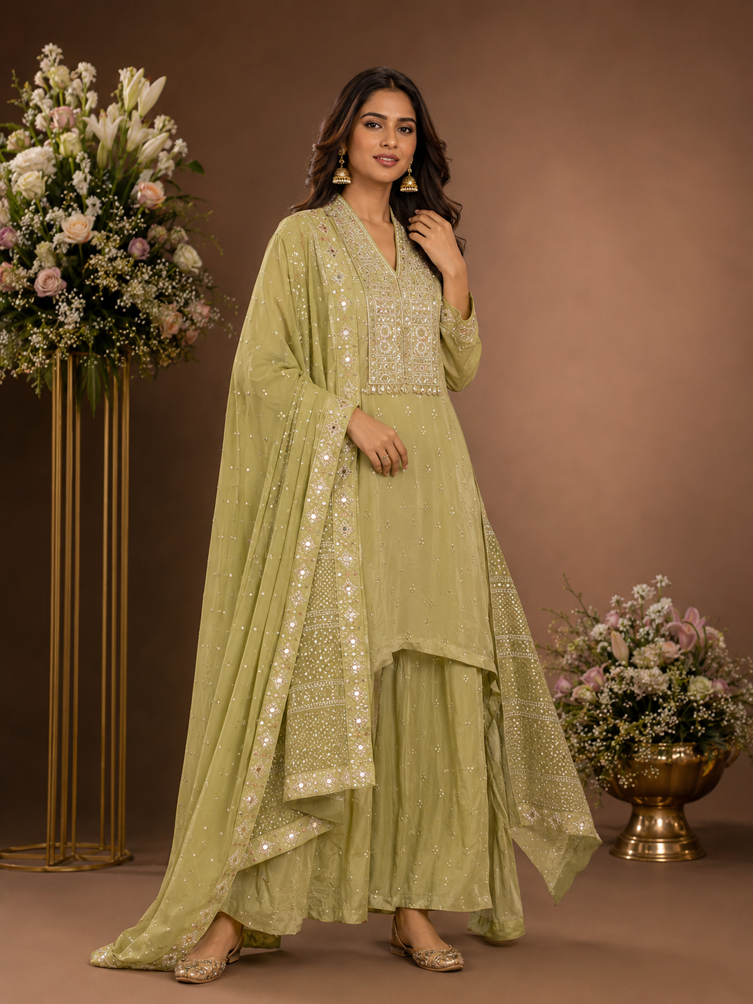 Women's Pistachio Green Embroidered Kurta Palazzo Set with Dupatta
