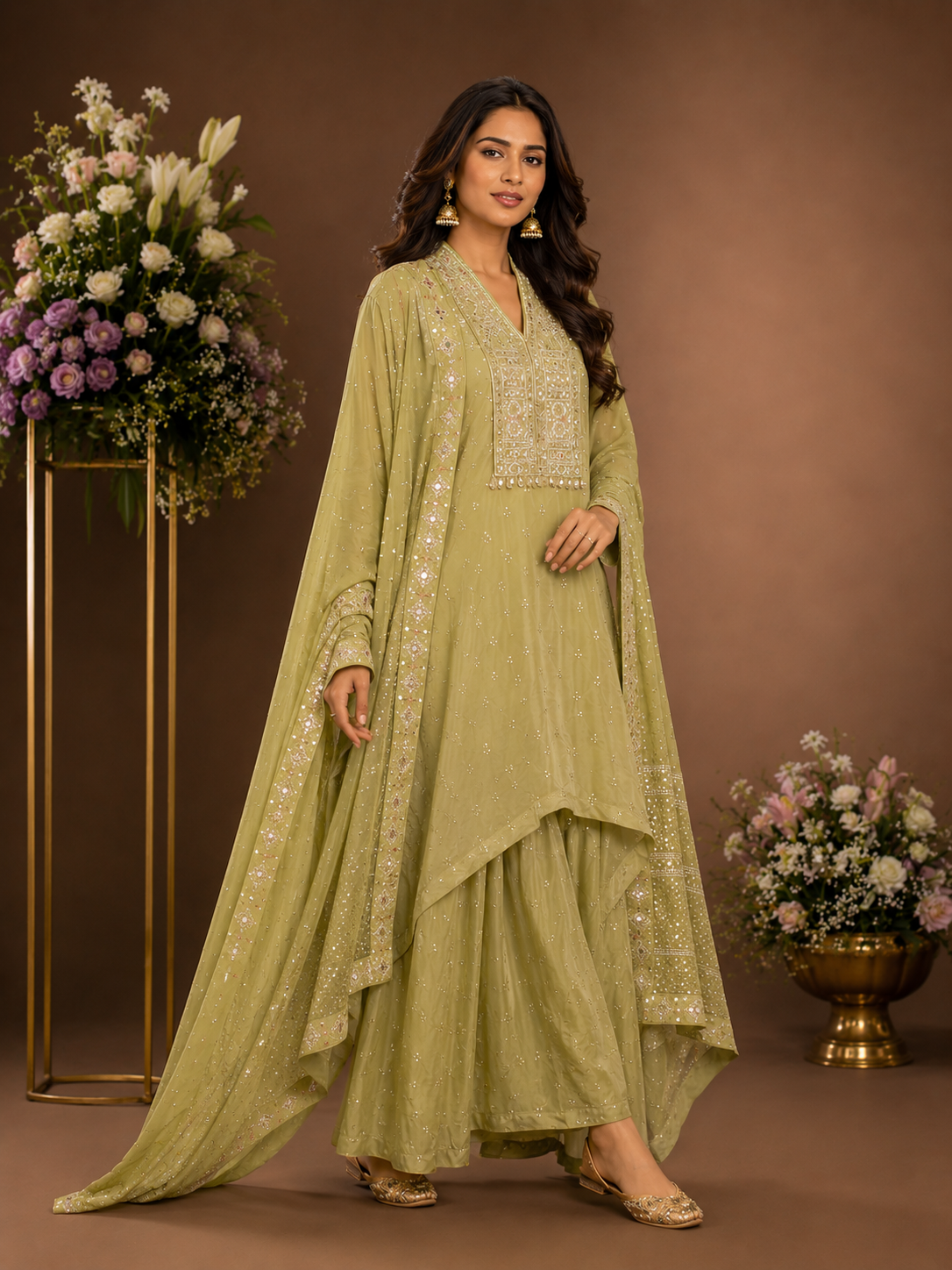 Women's Pistachio Green Embroidered Kurta Palazzo Set with Dupatta