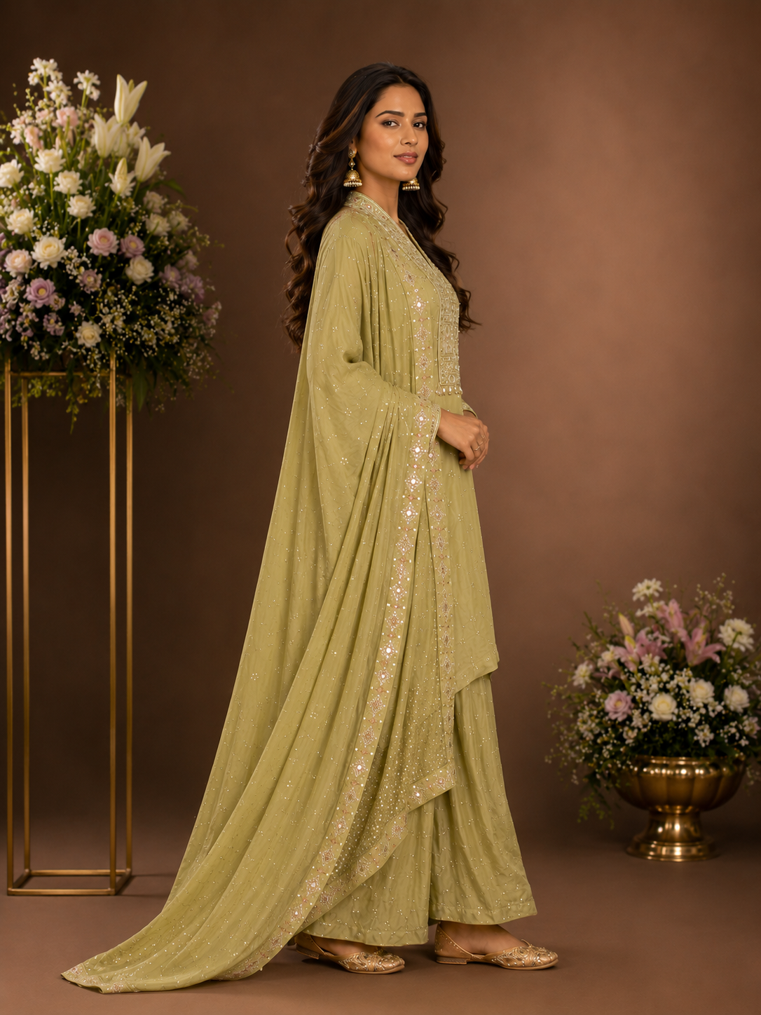 Women's Pistachio Green Embroidered Kurta Palazzo Set with Dupatta