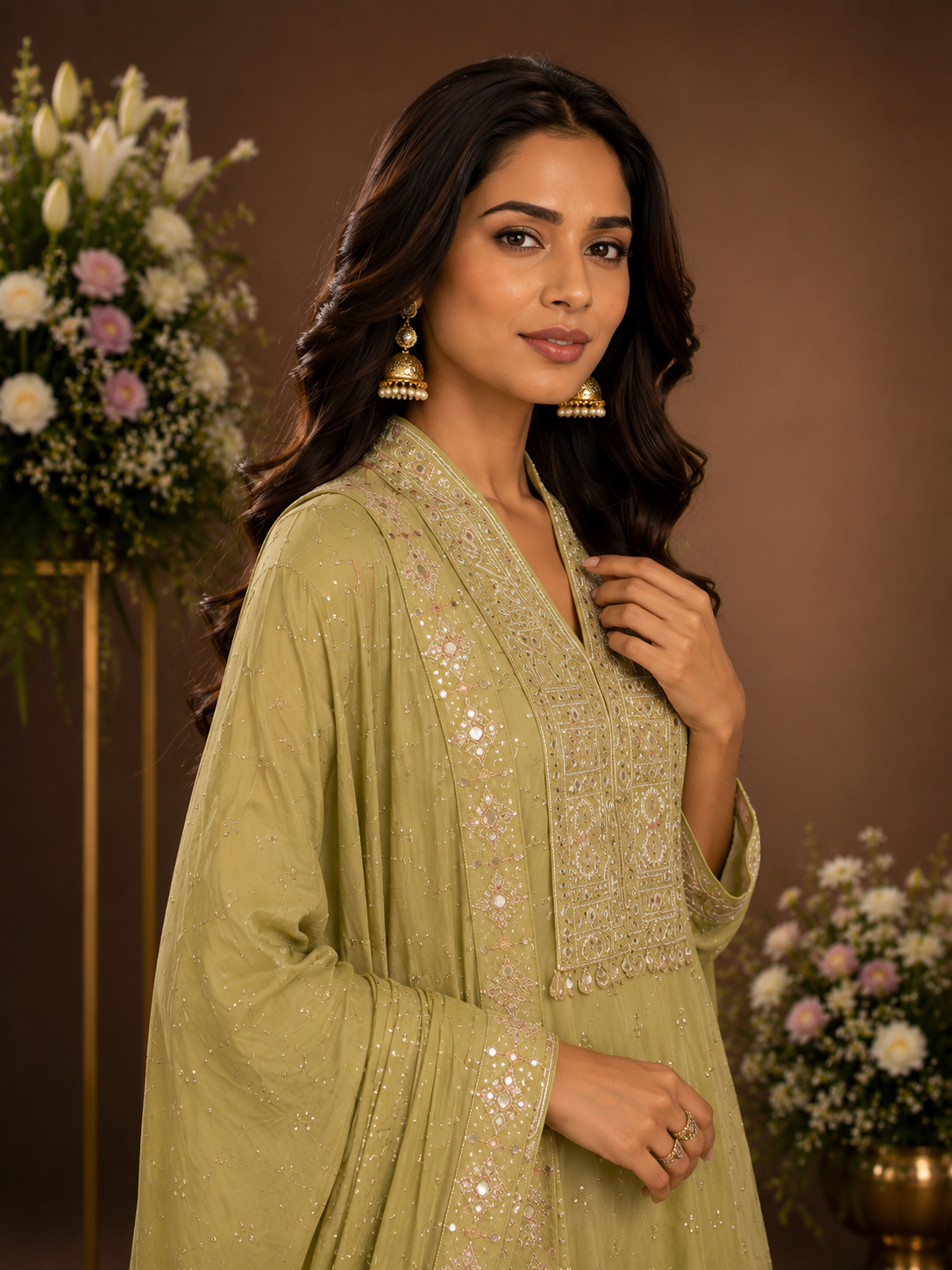 Women's Pistachio Green Embroidered Kurta Palazzo Set with Dupatta