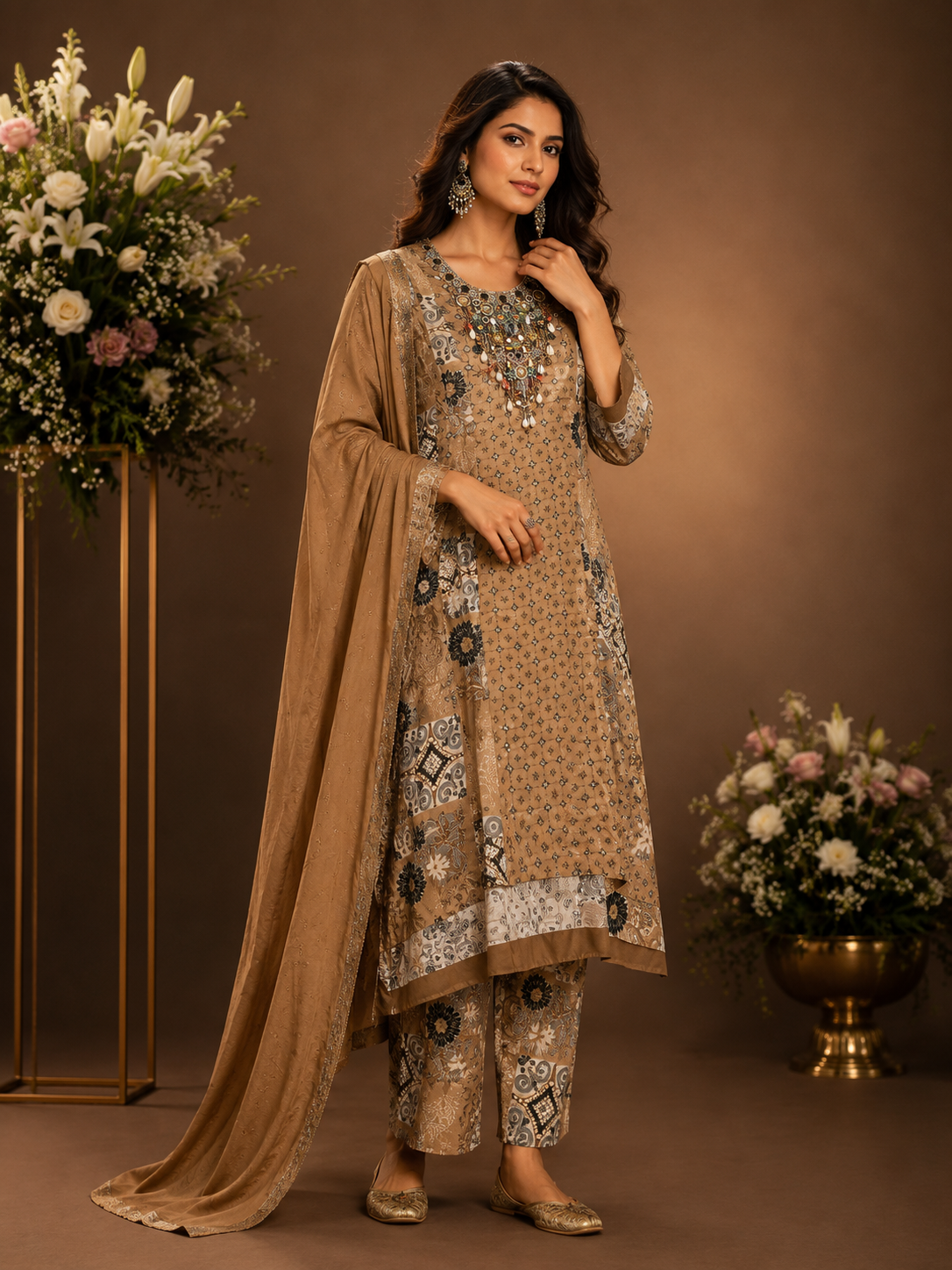 Women's Mocha Brown Printed Kurta Pant Set with Dupatta