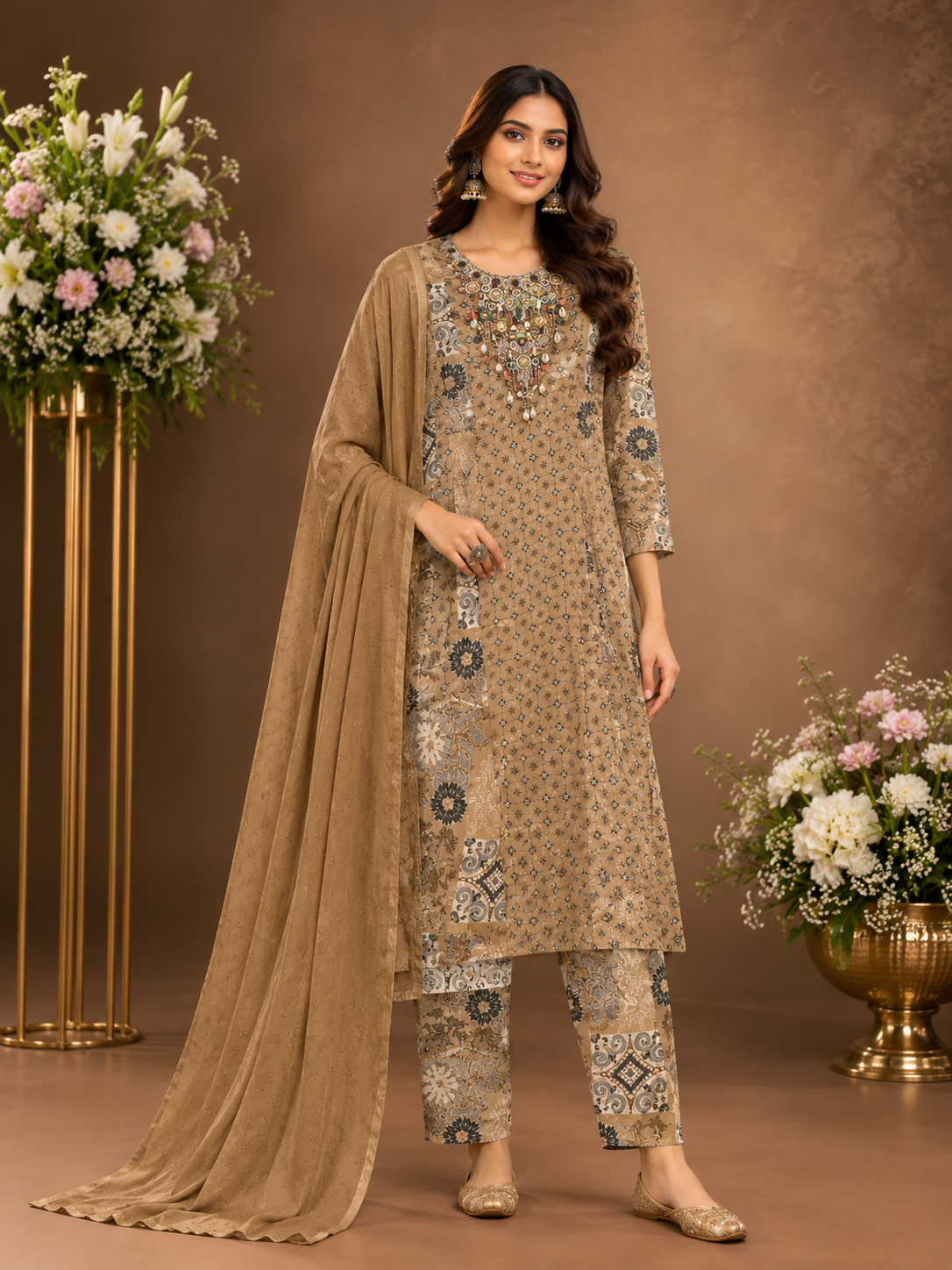 Women's Mocha Brown Printed Kurta Pant Set with Dupatta