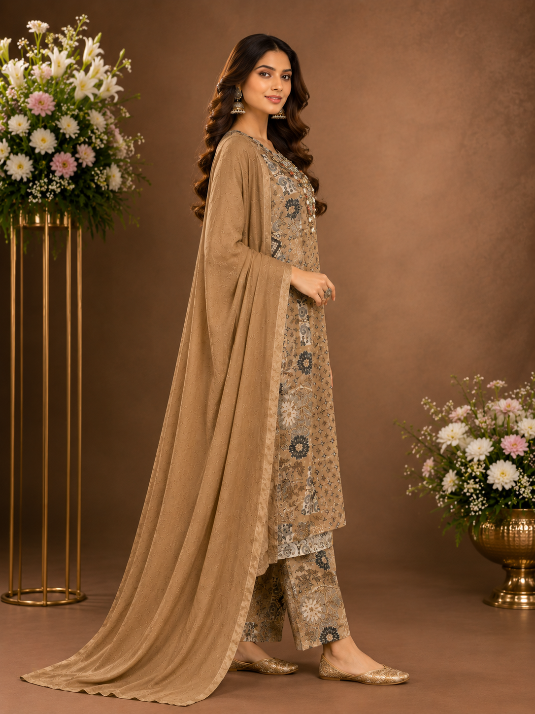 Women's Mocha Brown Printed Kurta Pant Set with Dupatta
